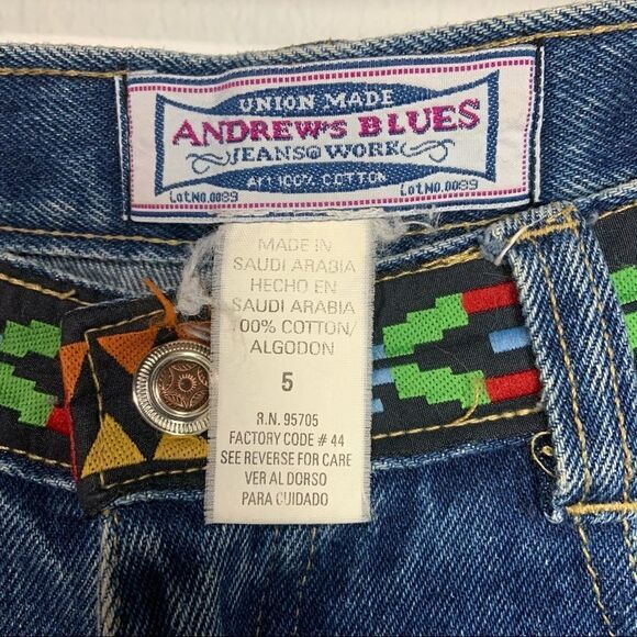 Vintage Andrew's Blue Aztec Hi Rise 100% Cotton Flare Denim Jean Size 5 B22 - Picture 6 of 6